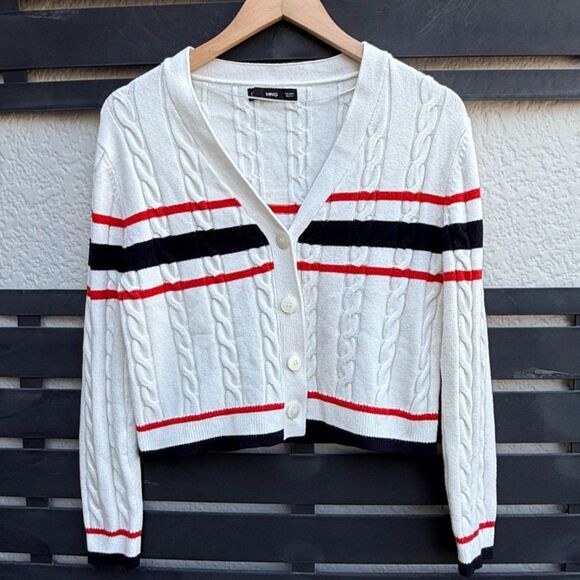 Mango MNG Striped Plait-Knitted Cardigan in Ecru | Size Small - Picture 3 of 7